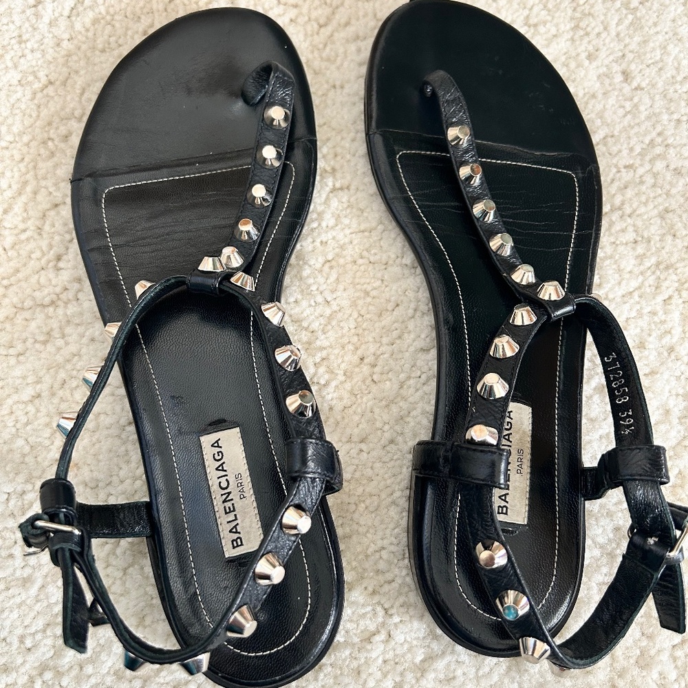 BALENCIAGA Black Studded Leather T-strap Sandals Size 39.5